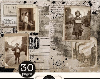 May include: Digital junk journal kit with an industrial theme. The design features vintage photographs, handwritten text, and ink splatters. Includes the text "Digital Kit Kit Numérique", "30 pages", "Collection INDUSTRIAL", and "Junk Journal Kit".