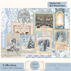 Peut inclure: Un kit de journal numérique sur le thème de Noël bleu délavé. Le collage comprend des images vintage de scènes d'hiver, de personnes et de sapins de Noël. Le texte comprend "Digital Kit", "Joyeux Noël" et "Merry Christmas".
