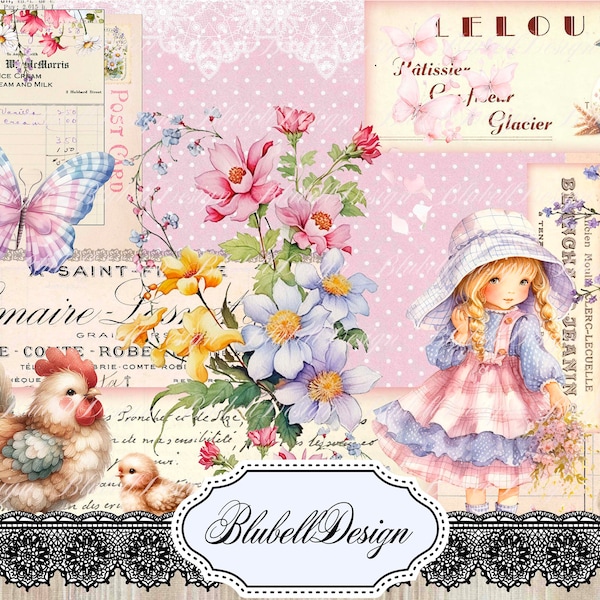 papier digital pastel  "Petite fille de campagne" scrapbooking kit junk journal téléchargement numérique imprimable