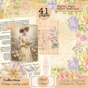 Op de afbeelding: Een digitale papiercollectie met een vintage thema. De afbeelding toont een collage van bloemmotieven, een portret van een lezende vrouw en de tekst "41 pagina's", "Digital Paper" en "Junk Journal Creative Paper".