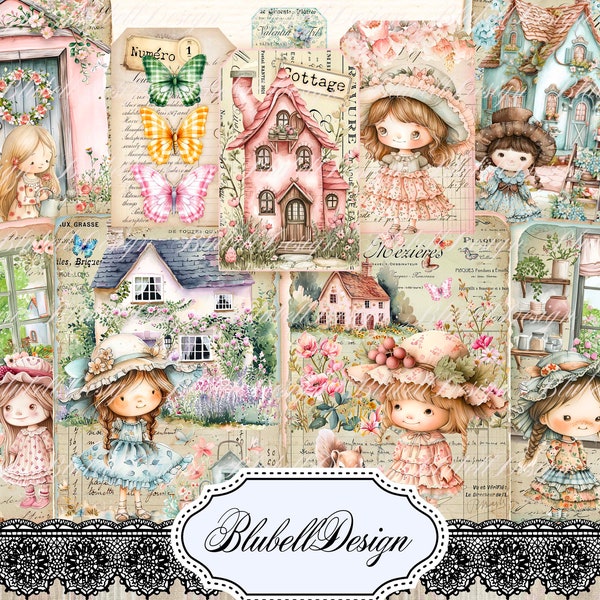 papier digital rétro " Petites filles de campagne vol 2" scrapbooking kit junk journal téléchargement numérique imprimable