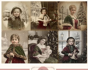 May include: A digital kit featuring vintage Victorian Christmas photos. The images showcase children and women in winter attire, with snow-covered backgrounds and Christmas trees. The kit includes the text "Digital Kit Kit Numérique", "Collection Victorian Christmas photos", and "Junk Journal Kit".