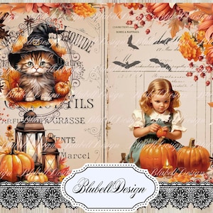 May include: A digital collage featuring a kitten in a witch hat, a young child, pumpkins, autumn leaves, and lanterns. The design includes vintage-style French typography, silhouettes of bats, and a decorative label with the text BlubellDesign.