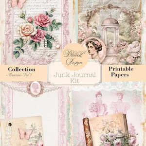 papier digital shabby  " Roseraie" VOL 2 scrapbooking kit junk journal téléchargement numérique imprimable