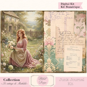 Peut inclure: Un kit de journal numérique avec une esthétique vintage. L'image présente une femme en robe rose tenant des fleurs dans un jardin, à côté de papier vieilli et de motifs floraux. Le texte comprend "Kit Numérique" et "Junk Journal Kit."