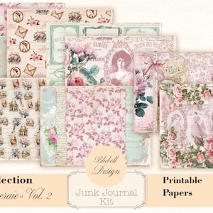 Peut inclure: Un ensemble de papiers imprimables pour journalisation de rebuts, sur le thème floral avec des couleurs rose, blanc et vert. Les papiers ont une esthétique vintage et comprennent du texte en français et en allemand. La collection s'appelle "Roseraie" Vol. 2.