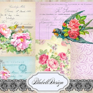 Kit papiers imprimés vintage "Pretty Bird" scrapbooking junk journal kit