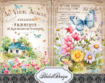 Kit papiers imprimés vintage "Fleurs et papillons" kit junk journal papier scrapbooking