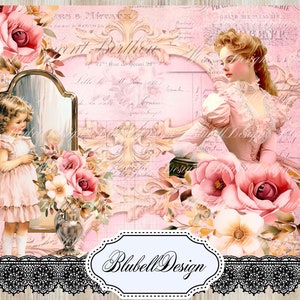 papier digital victorien pèche et rose "Mère et fille " scrapbooking kit junk journal téléchargement numérique imprimable