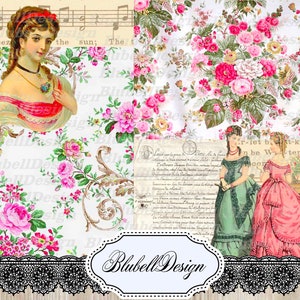 Kit papiers imprimés vintage "Collages Fleuris" junk journal kit scrapbooking