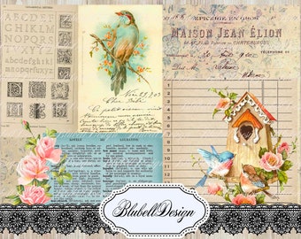 papiers numériques" Pretty Bird" scrapbooking junk journal kit téléchargement numérique imprimable papier digital