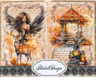 papier digital vintage d'automne "Demoiselle Nature " scrapbooking kit junk journal téléchargement numérique imprimable