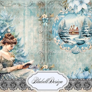 Kit papiers imprimés de Noël  "Noël shabby bleu " kit junk journal scrapbooking