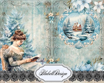 Kerstbedrukt papierpakket "Blue Shabby Christmas" junk journal scrapbookingpakket