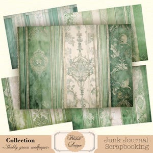papier digital basique  "Shabby green wallpaper " scrapbooking kit junk journal téléchargement numérique imprimable