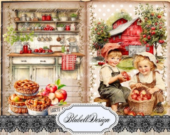 papier digital vintage "Tartes aux pommes " scrapbooking kit junk journal téléchargement numérique imprimable