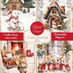 papier digital vintage "Noël en forêt " scrapbooking kit junk journal téléchargement numérique imprimable