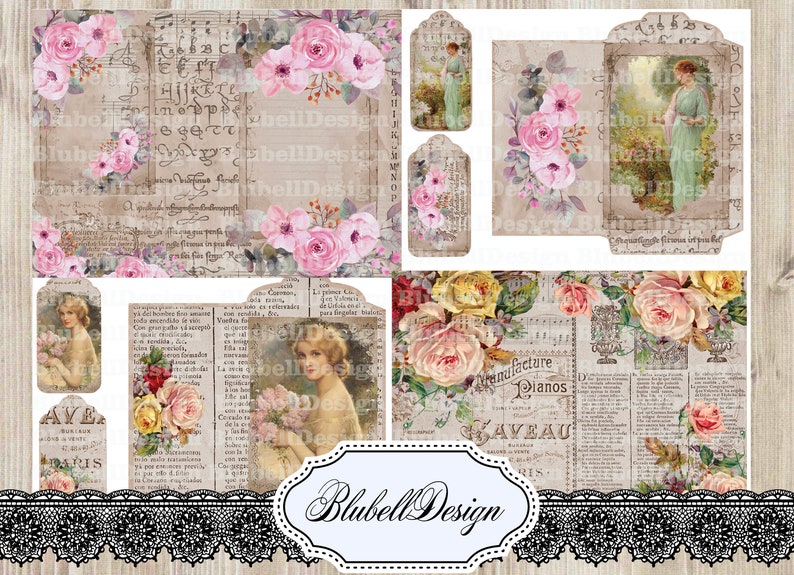 Shabby Chic Digital Papers "thinking of You" Scrapbooking Junk Journal ...