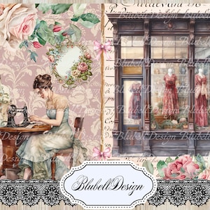 viktorianisches digitales Papier „chez la couturière“ Scrapbooking Junk Journal Kit druckbarer digitaler Download digitales Papier