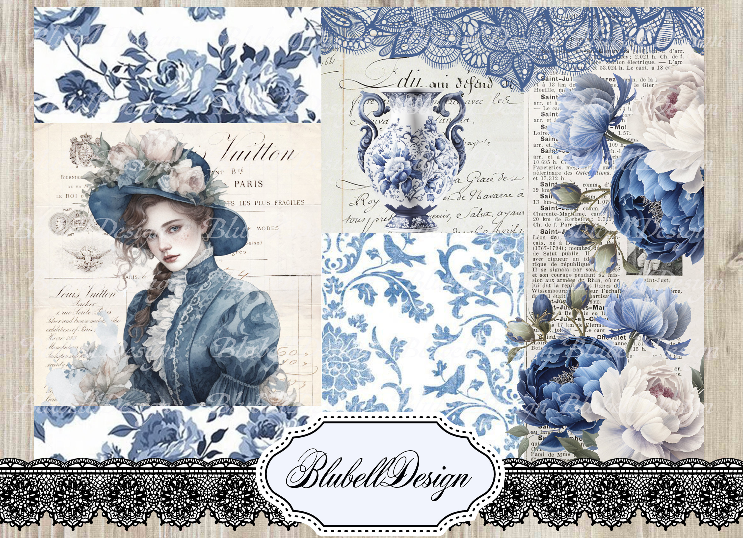 Victorian Digital Paper "shades of Blue" Scrapbooking Junk Journal Kit ...