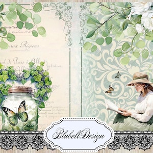 Kit papiers imprimés  "Nature verte " kit junk journal scrapbooking