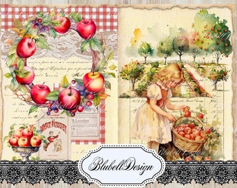 Vintage printed paper kit "Apple Season" junk journal scrapbooking kit