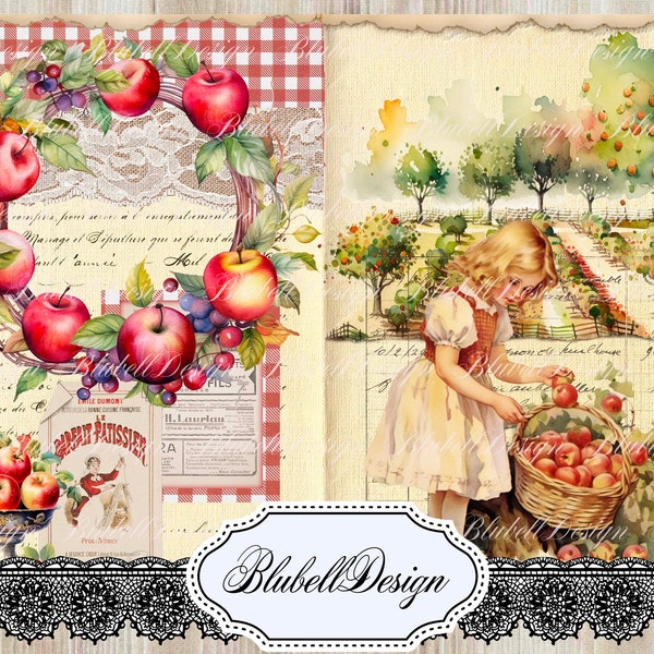 Kit papiers imprimés vintage   "Saison des pommes" kit junk journal scrapbooking