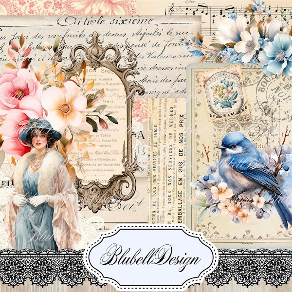 Kit papiers imprimés pastel  "Belle d'hiver" kit junk journal papier scrapbooking