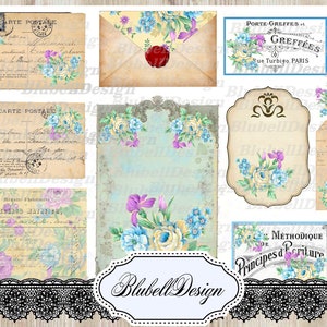 papiers numériques  "Ephéméres vintage bleus" scrapbooking junk journal kit téléchargement numérique imprimable papier digital