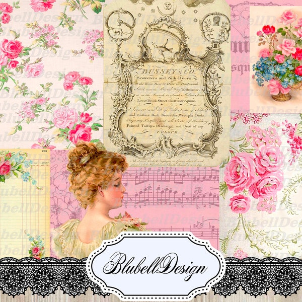 Kit papiers imprimés shabby "Collages tissus Romantiques" , junk journal kit scrapboking