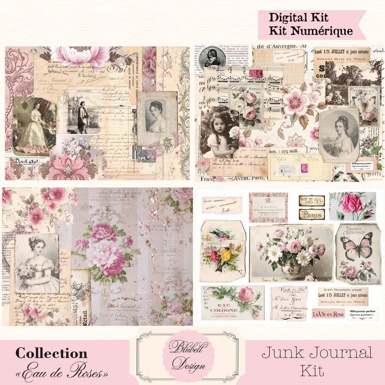 Shabby Chic Digital Paper "rose Water" Scrapbooking Kit Junk Journal ...