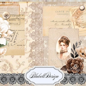 Kit papiers imprimés vintage  "De lin et de coton " kit junk journal scrapbooking