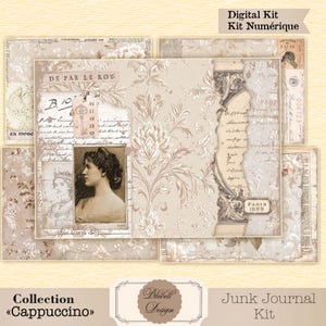 May include: A digital junk journal kit with a vintage aesthetic. The kit features various patterned papers in beige and cream tones, with floral and damask designs. Includes images of a woman, text, and the words "Digital Kit" and "Junk Journal Kit".