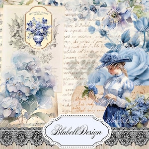 Kit papiers imprimés shabby   "Quelque chose de bleu" kit junk journal papier scrapbooking