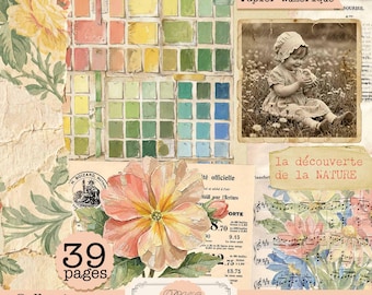 vibrant spring digital paper "coral floral shabby collage" scrapbooking junk journal