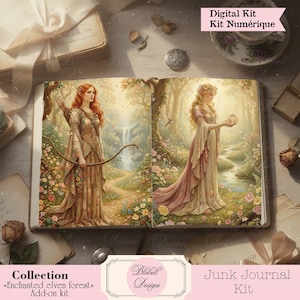May include: A digital kit for a junk journal, featuring a double-page spread with illustrations of two elven women in a forest setting. The text includes "Collection Enchanted elven forest Add-on kit" and "Junk Journal Kit".