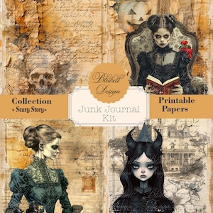 Zestaw do scrapbookingu w stylu vintage, papier cyfrowy „Scary Story” – dziennik śmieci do druku cyfrowego do pobrania