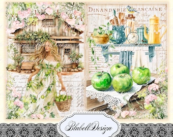 papier digital nature pastel champêtre  " Vert Pomme" scrapbooking kit junk journal téléchargement numérique imprimable