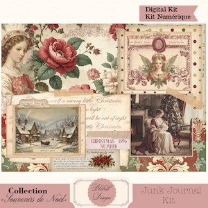 Puede incluir: Un kit de diario digital con temática navideña vintage. El kit incluye ilustraciones de una mujer, un ángel, un paisaje invernal y elementos florales. El texto incluye "A Jolly Good Christmas" y "Christmas 1896 Number".