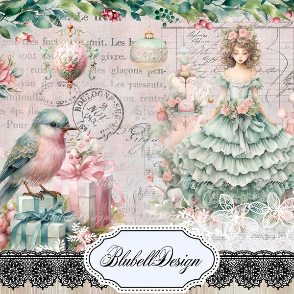 Kit papiers imprimés pastel shabby  "Magique Noël " kit junk journal scrapbooking