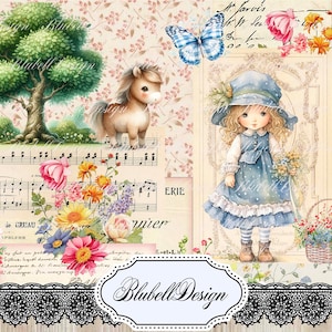 Kit papiers imprimés  pastel  "Petite fille de campagne" kit junk journal papier scrapbooking