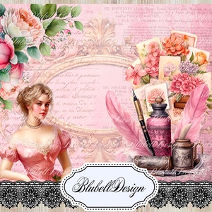 papier digital victorien rose "Féminité " scrapbooking kit junk journal téléchargement numérique imprimable