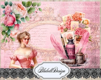 papier digital victorien rose "Féminité " scrapbooking kit junk journal téléchargement numérique imprimable