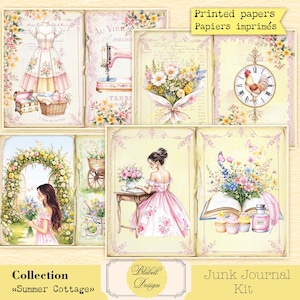 Kit papiers imprimés vintage "Summer cottage" kit junk journal papier scrapbooking 120g et 160g