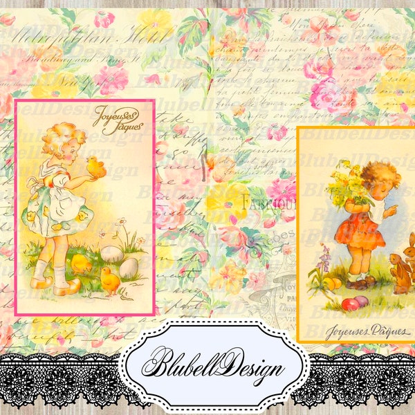 Kit 12 papiers imprimés vintage "Joyeuses Pâques"  junk journal scrapbooking