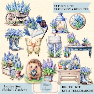 Découpes difficiles, papier digital vintage " Blubell Garden" scrapbooking kit junk journal téléchargement numérique imprimable art digital