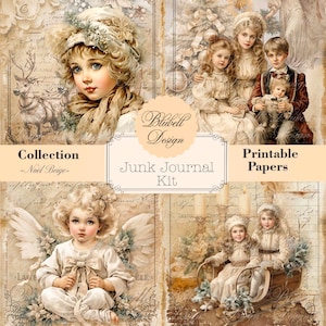 papier digital victorien "Noël Beige " scrapbooking kit junk journal téléchargement numérique imprimable