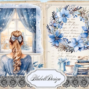 Blauwe kerstpapierset met print "Blue December" junk journal scrapbookingset