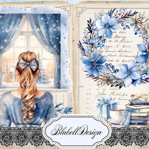 Kit papiers imprimés de Noël bleu  "Décembre bleu " kit junk journal scrapbooking