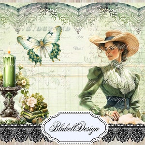 papier digital victorien vert "Sérénité " scrapbooking kit junk journal téléchargement numérique imprimable